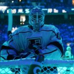 Cal Peterson of the Los Angles Kings focuses in preparation for the Kings' game against the Seattle Kraken at Climate Pledge Arena